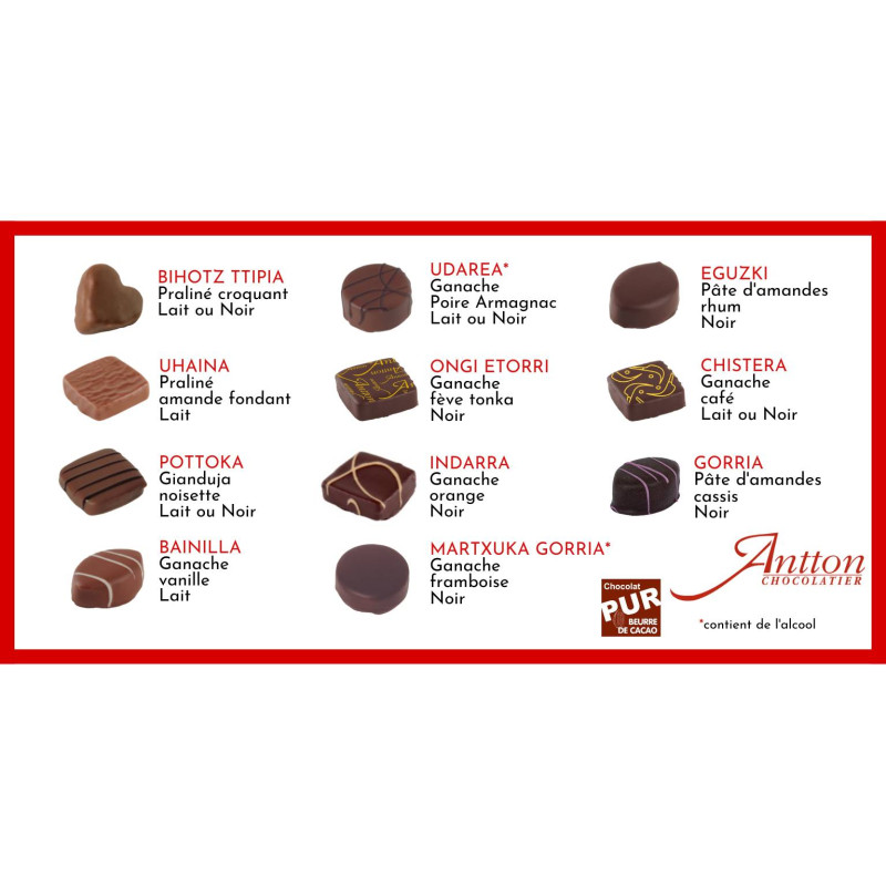 Boîte cadeau de 54 chocolats Lait et Noir, ganache, praliné, pâte d'amandes